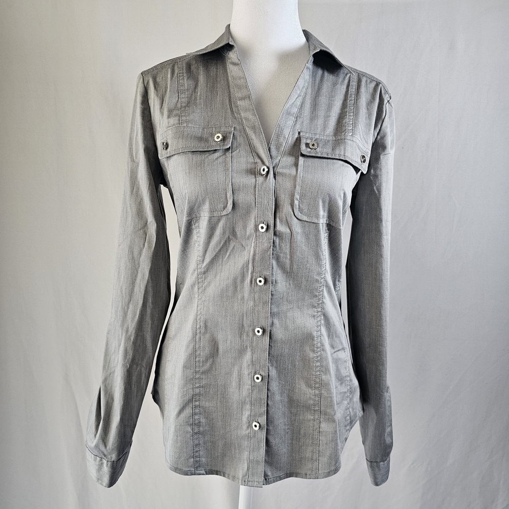 7th Avenue Design Studio Women Shirt Top Grey Long Sleeve Button Down Size XS